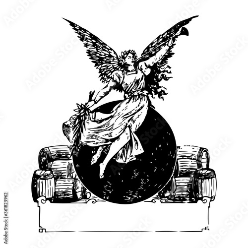 Vintage engraving set of an angel on wine barrels