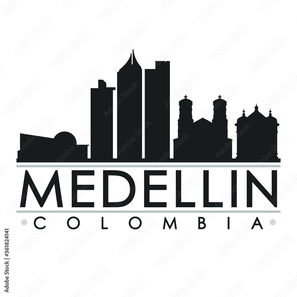 Medellin Colombia America Skyline Silhouette Design City Vector Art Famous Buildings.