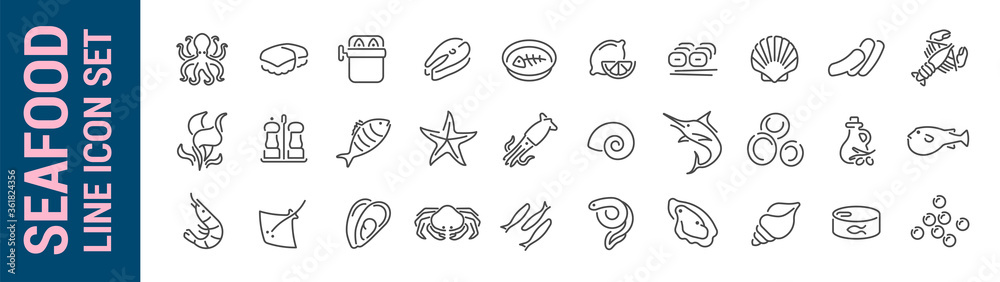 Seafood line icon set. Outline isolated icons collection. Fish ...
