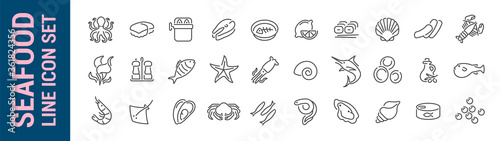 Seafood line icon set. Outline isolated icons collection. Fish, crustaceans & mollusks. Vector illustration