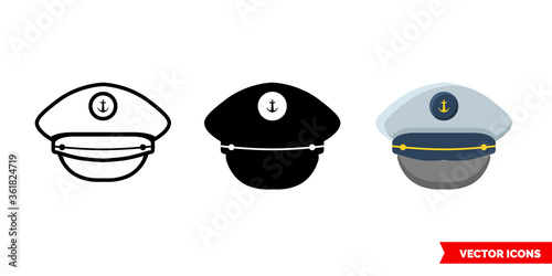 Captain cap icon of 3 types. Isolated vector sign symbol.