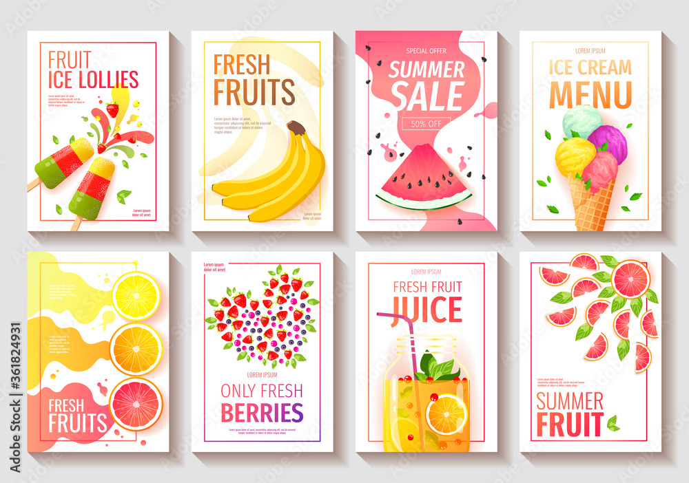 Set of Flyer with fresh fruits and berries. Watermelon, Orange, Grapefruit, Lemon, Bananas, Fruit juice, Ice lollies, Ice cream cone. Vector illustration for summer sale, menu, poster, banner, flyer.