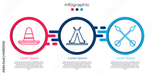 Set line Mexican sombrero hat, Indian teepee or wigwam and Crossed arrows. Business infographic template. Vector.