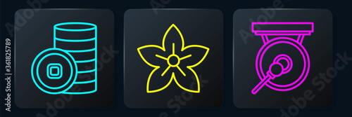 Set line Chinese Yuan currency, Gong and Lotus flower. Black square button. Vector.