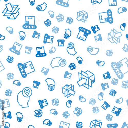 Set line Delivery man with cardboard boxes, Cardboard box with traffic symbol and Conveyor belt with cardboard box on seamless pattern. Vector.