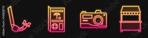 Set line Photo camera, Snorkel, Travel brochure and Street stall with awning. Glowing neon icon. Vector.