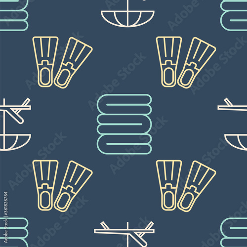 Set line Sunbed and umbrella, Rubber flippers and Towel stack on seamless pattern. Vector.