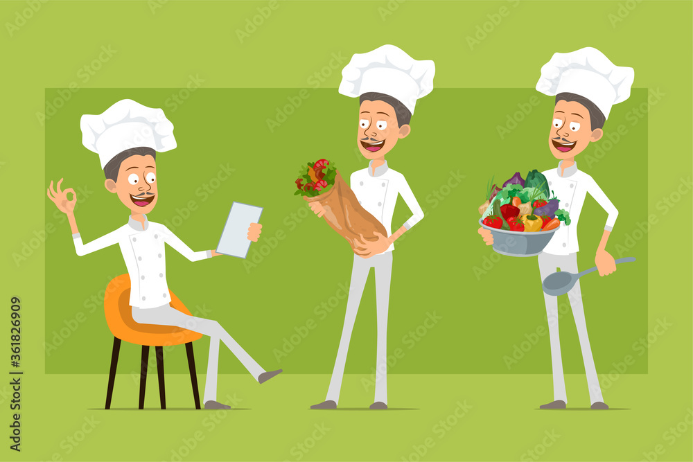 Cartoon flat funny chef cook man character in white uniform and baker hat. Man holding tasty shawarma and vegetables. Ready for animation. Isolated on green background. Vector icon set. Cartoon flat funny chef cook man character in white uniform and baker hat. Man holding tasty shawarma and vegetables. Ready for animation. Isolated on green background. Vector icon set.