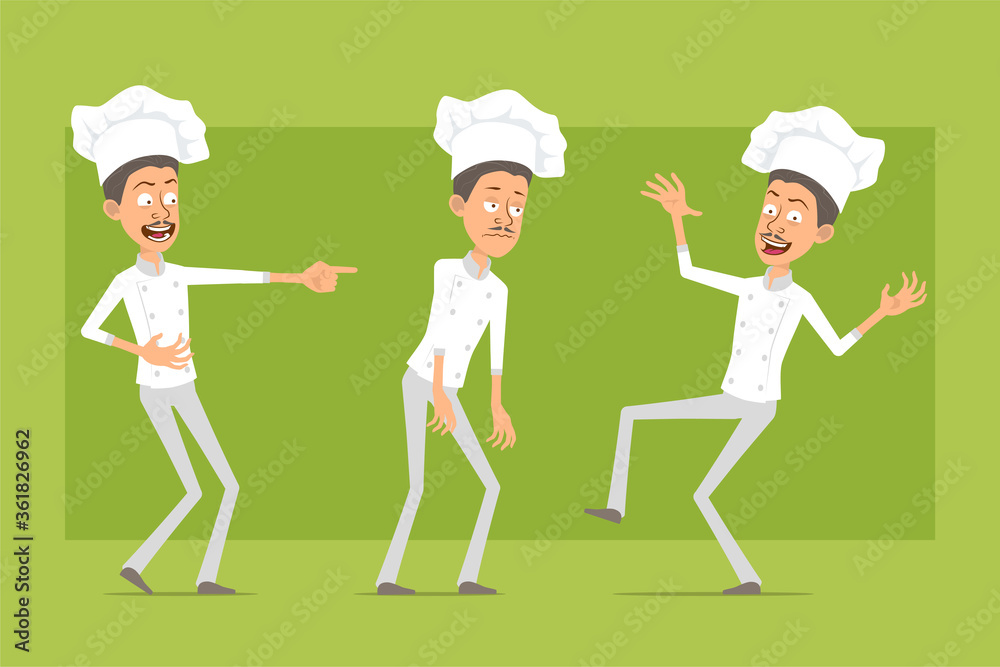 Cartoon flat funny chef cook man character in white uniform and baker hat. Man sad, tired, laughing, jumping and dancing. Ready for animation. Isolated on green background. Vector icon set. Cartoon flat funny chef cook man character in white uniform and baker hat. Man sad, tired, laughing, jumping and dancing. Ready for animation. Isolated on green background. Vector icon set.