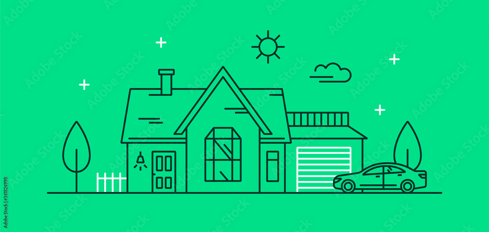Vector linear illustration of a cozy house with a garage and a car. Home icon for website. Concept of internet banner for real estate sale.