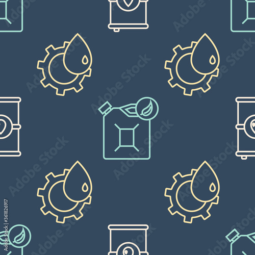 Set line Barrel oil, Oil industrial factory building and Bio fuel canister on seamless pattern. Vector.