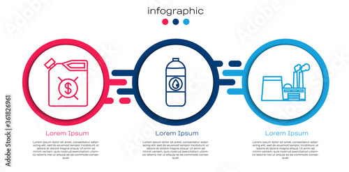 Set line Canister for motor machine oil, Canister for motor machine oil and Oil industrial factory building. Business infographic template. Vector.