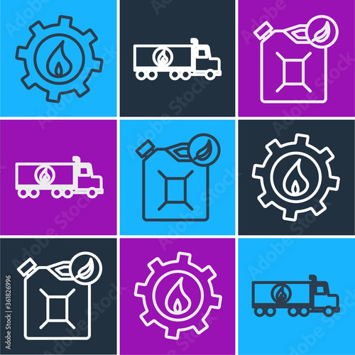 Set line Oil industrial factory building, Bio fuel canister and Tanker truck icon. Vector.