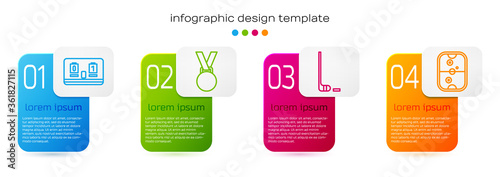 Set line Hockey mechanical scoreboard, Medal, Ice hockey stick and puck and Air hockey table. Business infographic template. Vector.