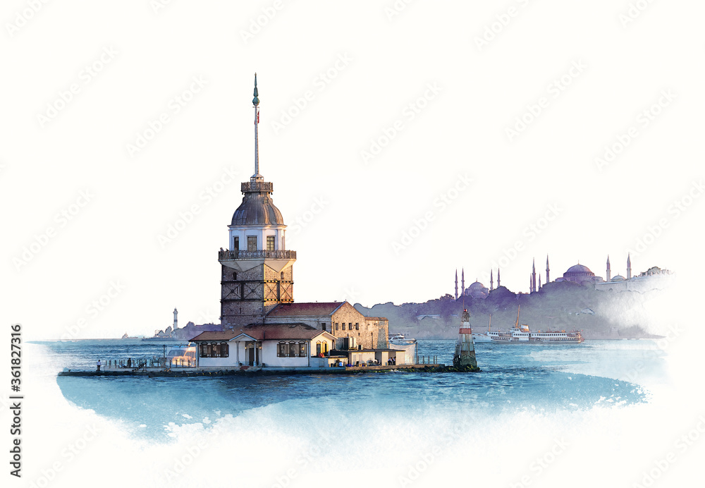 Naklejka premium Maiden tower at dawn in Istanbul, Turkey. Quick watercolor sketch by hand