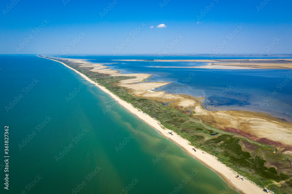 aerial view to sand sea coast between sea and lake in Ukraine with copy space