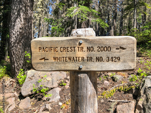 A trail sign directs hikers and backpackers along the Pacific Crest Trail, stretching 2,650 miles between Canada and Mexico.