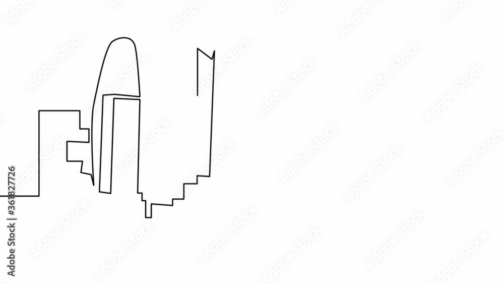 Self drawing animation of Modern cityscape continuous one line drawing. Metropolis architecture panoramic landscape. skyscrapers hand drawn silhouette.