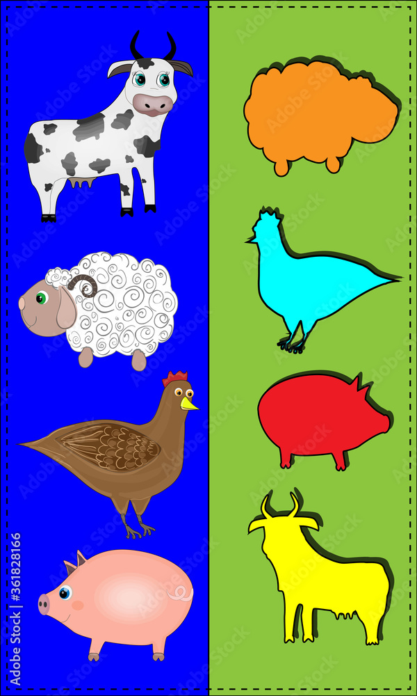 Obraz premium Game for children with animals cow, sheep, chicken, pig
