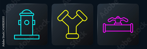 Set line Fire hydrant, Industry pipe and valve and Industry metallic pipe. Black square button. Vector.