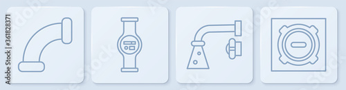 Set line Industry metallic pipe, Water tap, Water meter and Manhole sewer cover. White square button. Vector.
