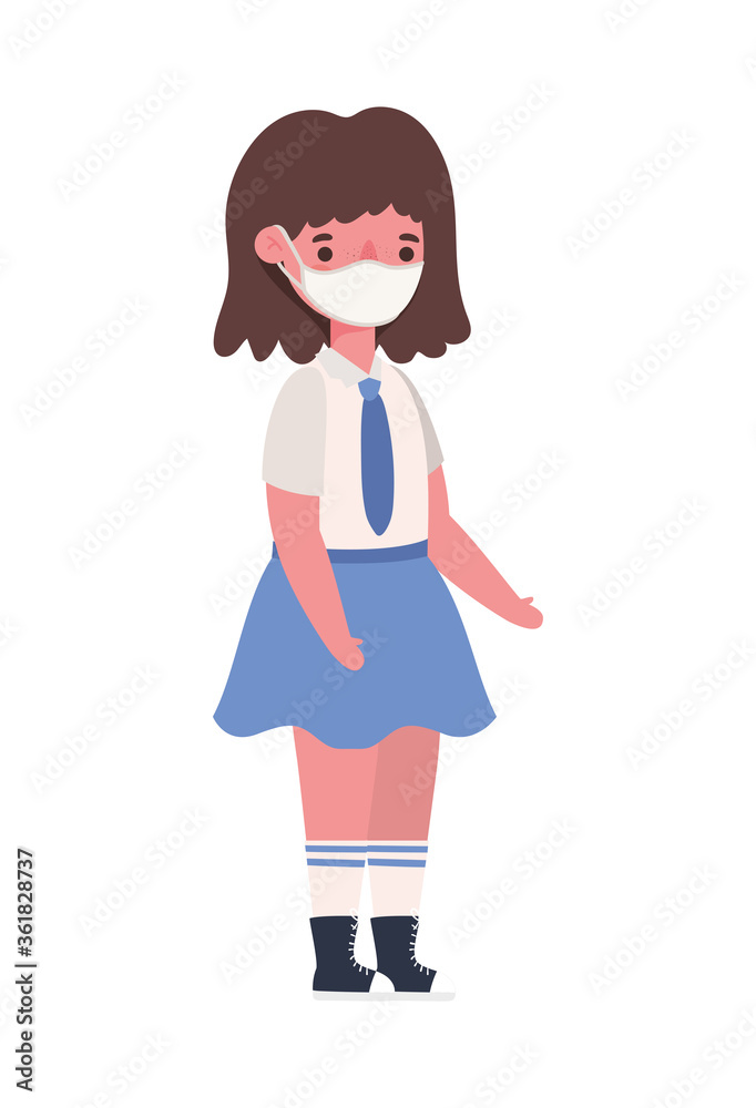 Girl kid with medical mask and uniform design, Back to school theme Vector illustration Girl kid with medical mask and uniform design, Back to school theme Vector illustration