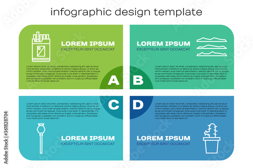 Set line Opium poppy, Open cigarettes pack box, Cactus peyote in pot and Cocaine or heroin drug. Business infographic template. Vector.