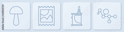 Set line Psilocybin mushroom, Electronic cigarette, LSD acid mark and Cannabis molecule. White square button. Vector.