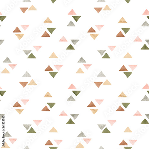 Watercolor abstract seamless pattern with geometric shapein pastel color. Freehand aesthetic background with triangles. Mosaic collage perfect for baby fabric textile, wrapping paper, cover, wallpaper