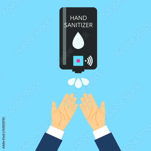 Hand sanitizer wall. Drop of antibacterial gel in palm. People use automatic alcohol antiseptic gel. Prevention coronavirus covid-19. Cleaning washing hands. Sanitizer bottle hygiene product. 