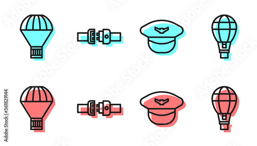 Set line Pilot hat, Box flying on parachute, Safety belt and Hot air balloon icon. Vector.