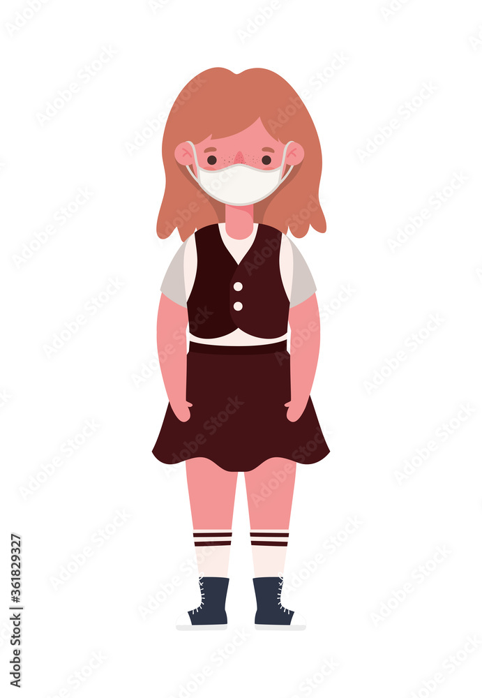 Girl kid with uniform medical mask design, Back to school and social distancing theme Vector illustration Girl kid with uniform medical mask design, Back to school and social distancing theme Vector illustration