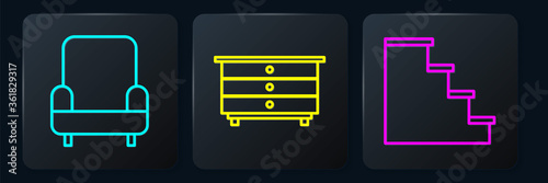 Set line Armchair, Staircase and Chest of drawers. Black square button. Vector.