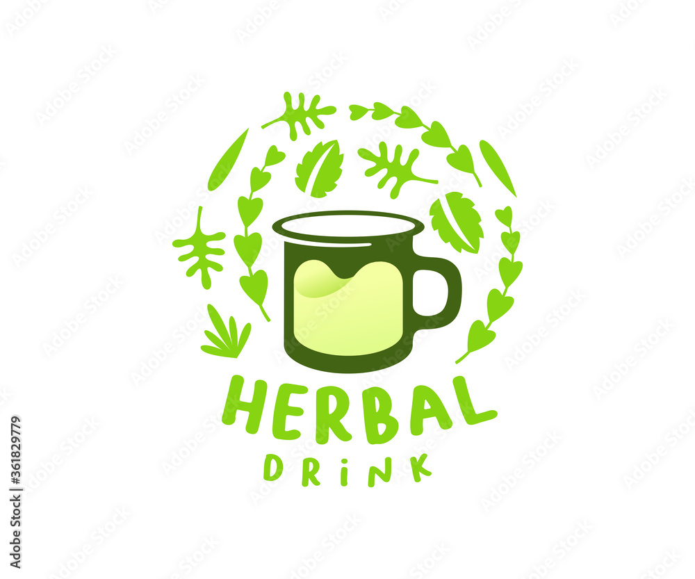Herbal drink, cup or mug with leaves, logo design. Cafe, cafeteria, food, medicinal herbs and beverage, vector design and illustration Herbal drink, cup or mug with leaves, logo design. Cafe, cafeteria, food, medicinal herbs and beverage, vector design and illustration