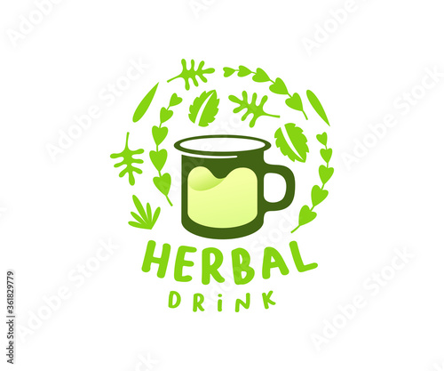 Herbal drink, cup or mug with leaves, logo design. Cafe, cafeteria, food, medicinal herbs and beverage, vector design and illustration