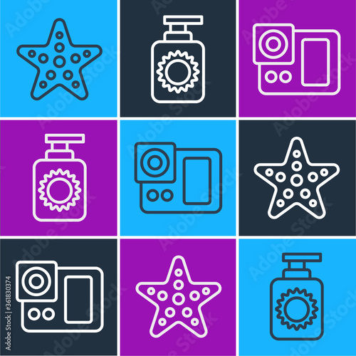 Set line Starfish, Photo camera and Sunscreen spray bottle icon. Vector.