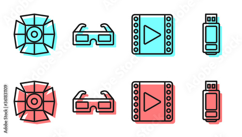 Set line Play Video, Movie spotlight, 3D cinema glasses and USB flash drive icon. Vector.