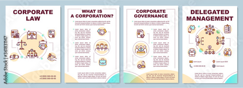Corporate law brochure template. Delegating and managing. Flyer, booklet, leaflet print, cover design with linear icons. Vector layouts for magazines, annual reports, advertising posters