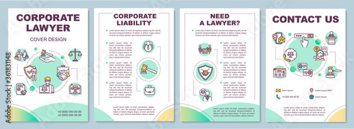 Corporate lawyer brochure template. Online attorney service. Flyer, booklet, leaflet print, cover design with linear icons. Vector layouts for magazines, annual reports, advertising posters