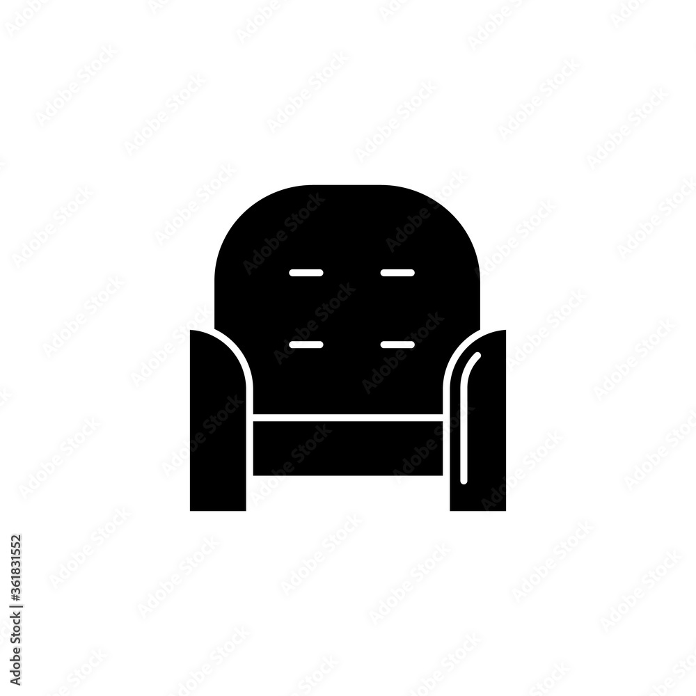 Armchair front black glyph icon. Cozy chair for home interior. Living room furniture. Apartment amenities, furnishing for home. Silhouette symbol on white space. Vector isolated illustration Armchair front black glyph icon. Cozy chair for home interior. Living room furniture. Apartment amenities, furnishing for home. Silhouette symbol on white space. Vector isolated illustration