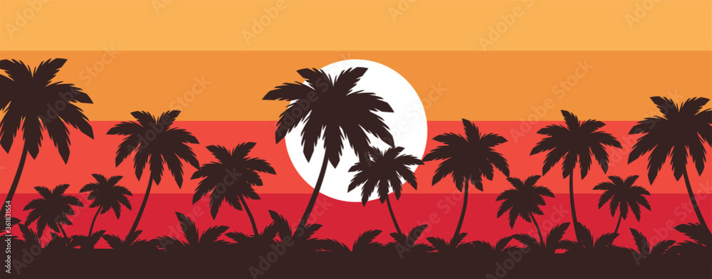 Obraz premium tropical beach with palm trees at the sunset vector illustration