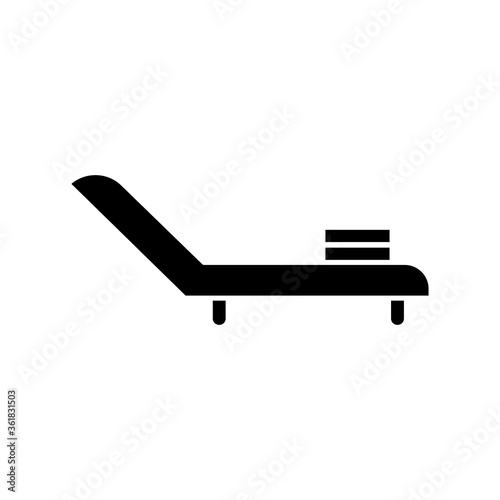 Deck chair black glyph icon. Chaise lounge for relaxation on rooftop. Armchair for sunbathing. Reclining chair for tanning and relaxing. Silhouette symbol on white space. Vector isolated illustration