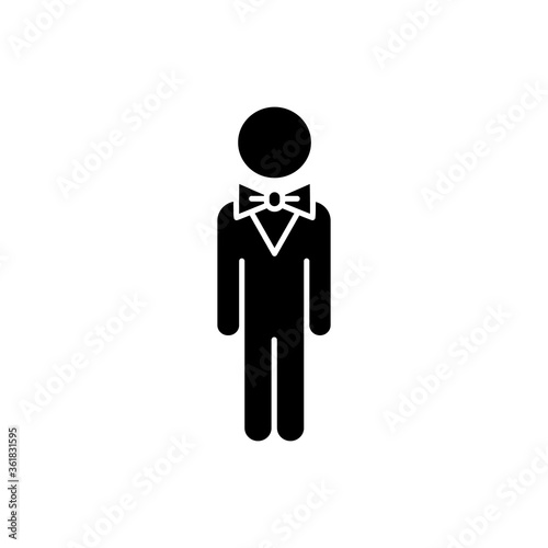 Concierge black glyph icon. Hotel manager. Person in suit. Business man in official apparel. Event management staff member. Silhouette symbol on white space. Vector isolated illustration