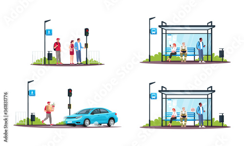 People and public transport semi flat RGB color vector illustrations set. Pedestrian crossing road at red light. Guys waiting for a bus. Isolated cartoon characters collection on white background