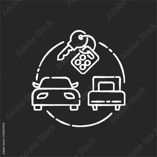 Package tour chalk white icon on black background. Budget tourism, car rental. Tourist agency service, carsharing. Holiday road trip. Automobiles and keys isolated vector chalkboard illustration