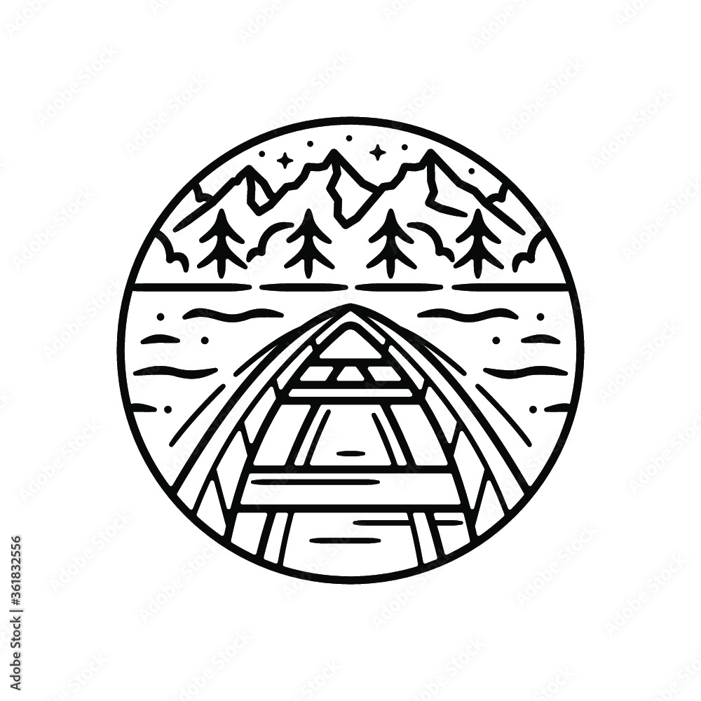 Round Sticker, Black and White Badge with Canoe/Boat in the Lake and Mountain Schene Round Sticker, Black and White Badge with Canoe/Boat in the Lake and Mountain Schene