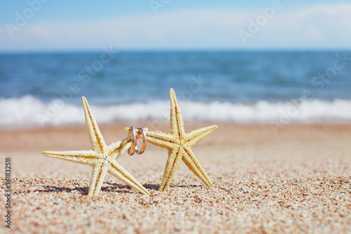 Starfish with wedding rings on the beach. Summer vacation concept. Family holidays by the sea