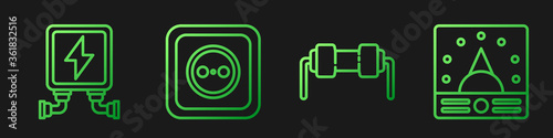 Set line Resistor electricity, Electric transformer, Electrical outlet and Ampere meter, multimeter, voltmeter. Gradient color icons. Vector.