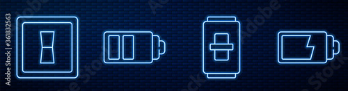 Set line Electric light switch, Electric light switch, Battery charge level indicator and Battery charge level indicator. Glowing neon icon on brick wall. Vector.
