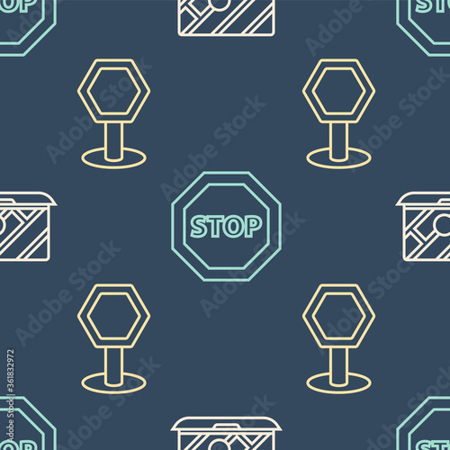Set line City map navigation, Road traffic sign and Stop sign on seamless pattern. Vector.